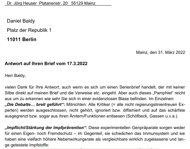 Ein 12-seitiges Antwortschreiben an Daniel Baldy, MdB, SPD